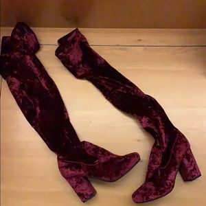 Carlos Santana velvet maroon over the knee boots